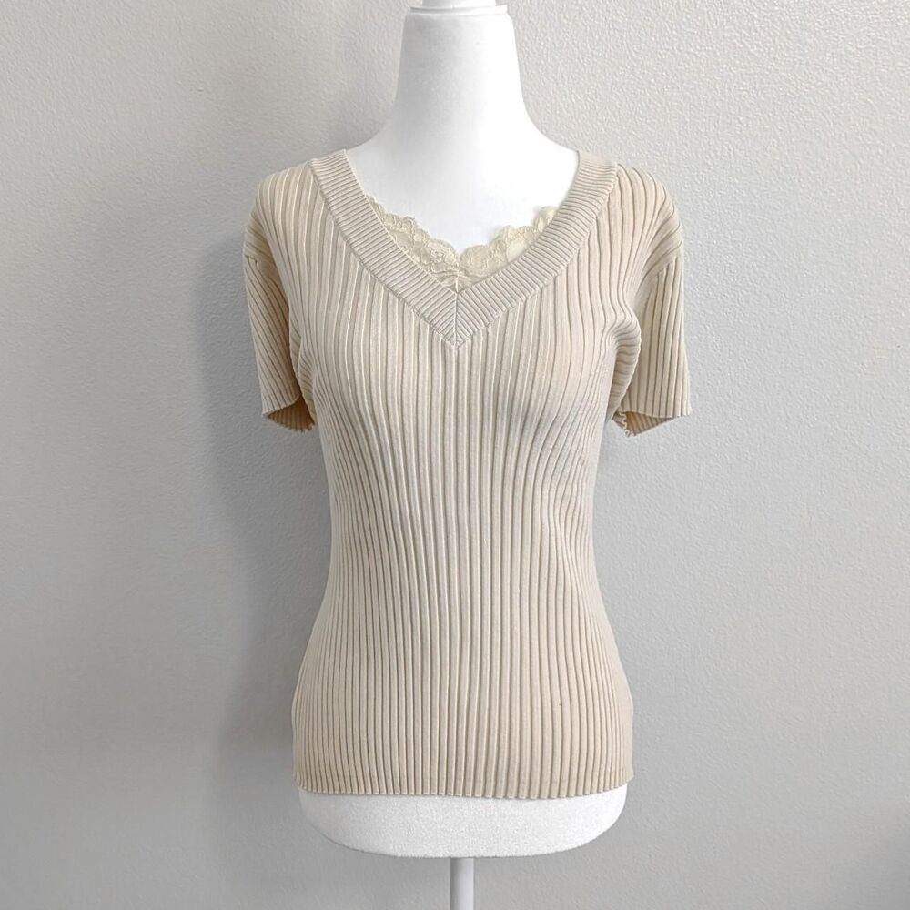 August Silk Beige Ribbed Knit V-Neck Top with Lace Detail | Size L